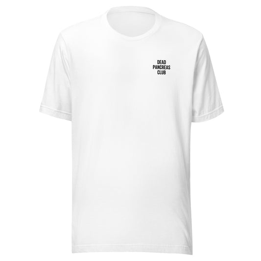 white unisex t-shirt 'dead pancreas club'