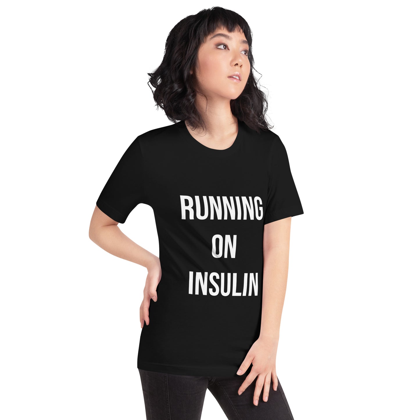 black unisex t-shirt 'running on insulin'