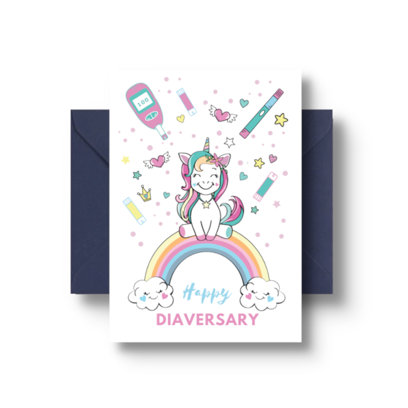 tinsulin diaversary kaart unicor met blauwe envelop
