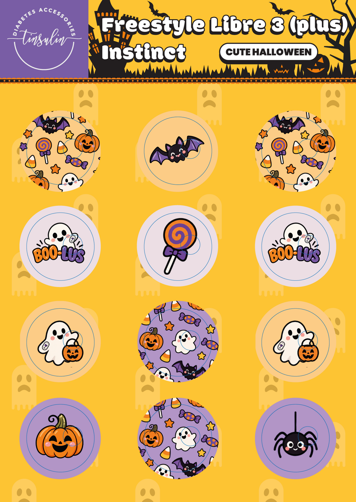 Freestyle Libre 3 / 3 Plus / Instinct sensor stickers – Cute Halloween (12 stickers)
