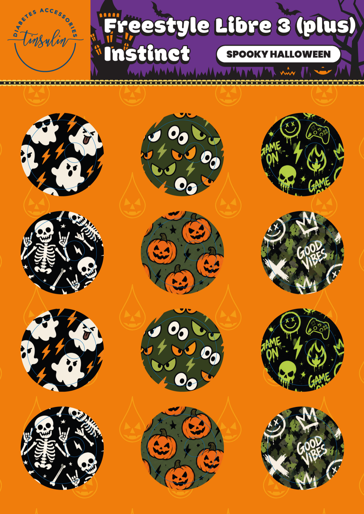 Freestyle Libre 3 / 3 Plus / Instinct sensor stickers – Spooky Halloween (12 stickers)
