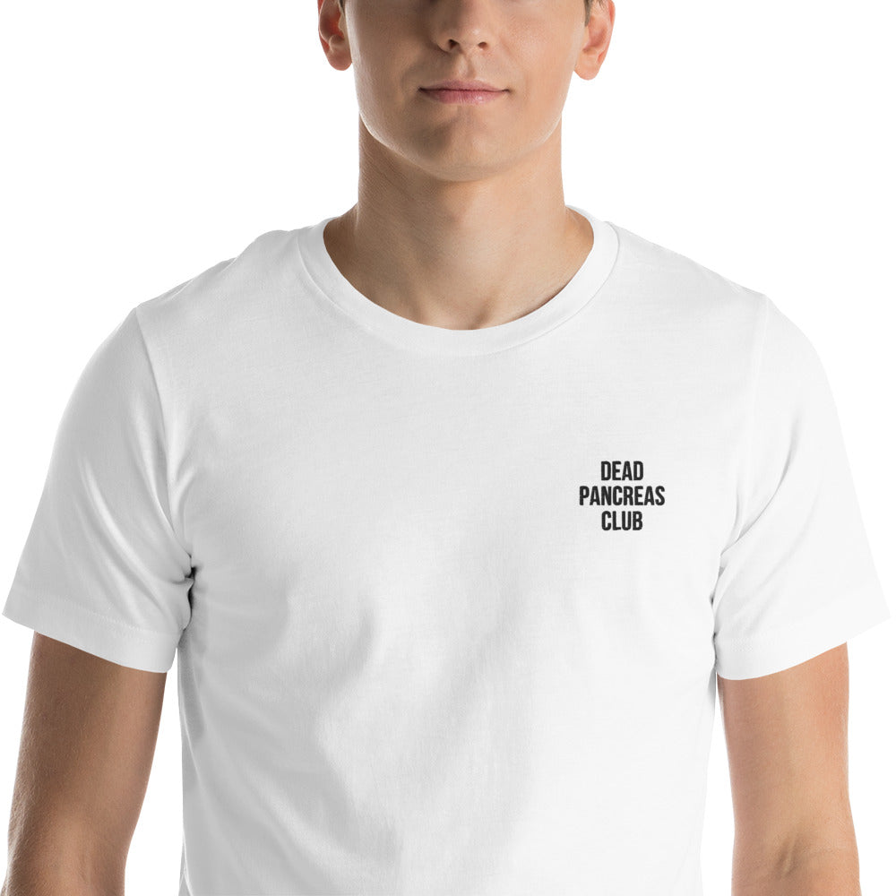 white unisex t-shirt 'dead pancreas club'