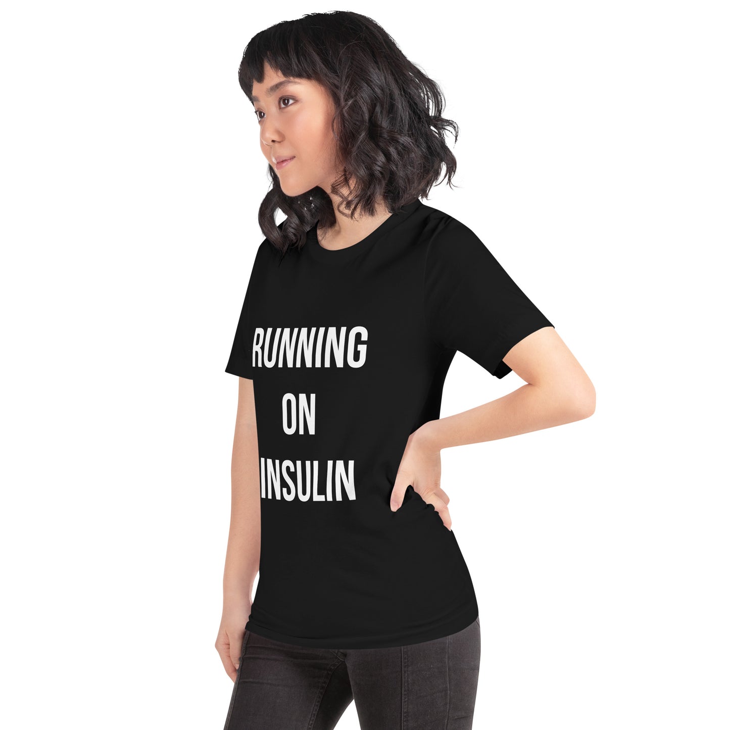 black unisex t-shirt 'running on insulin'