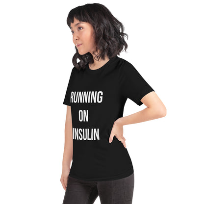 black unisex t-shirt 'running on insulin'