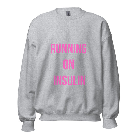 gray unisex sweater 'running on insulin'