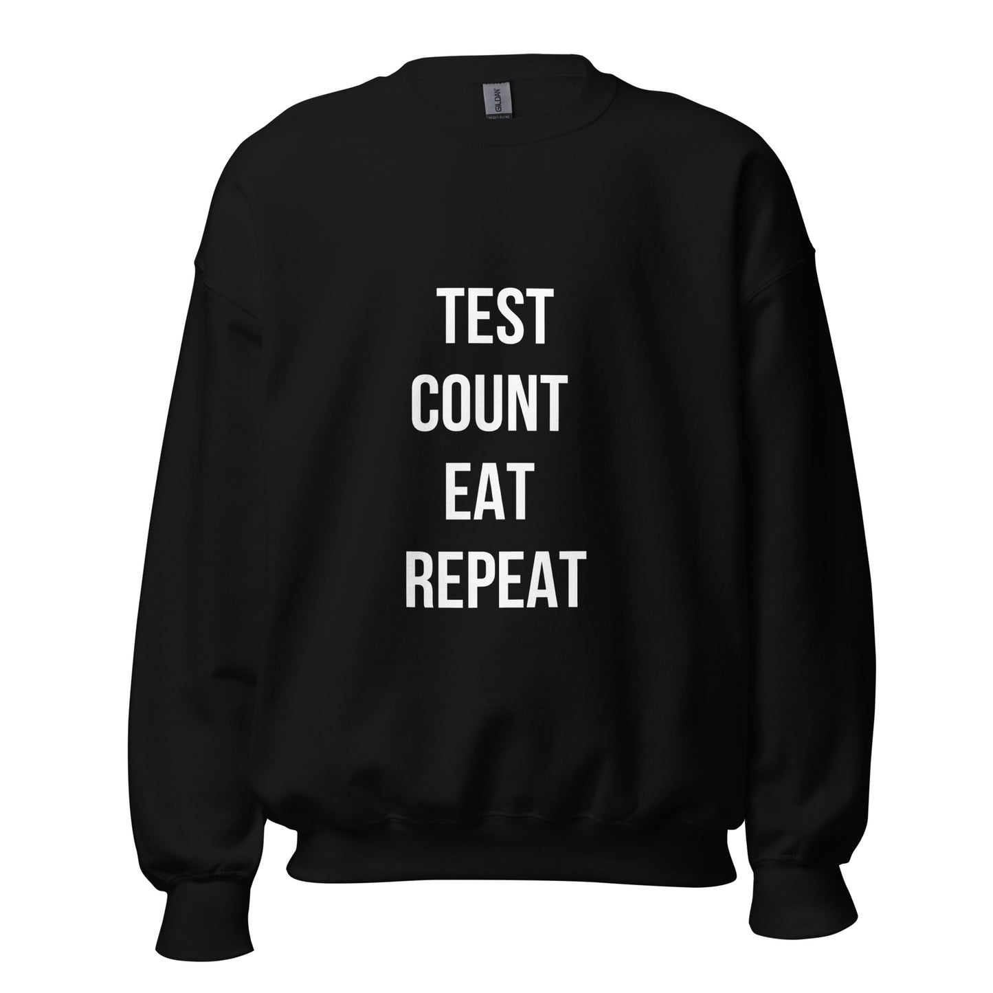 black unisex sweater 'test count eat repeat'
