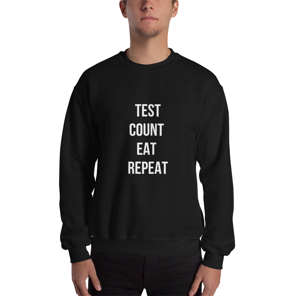 black unisex sweater 'test count eat repeat'